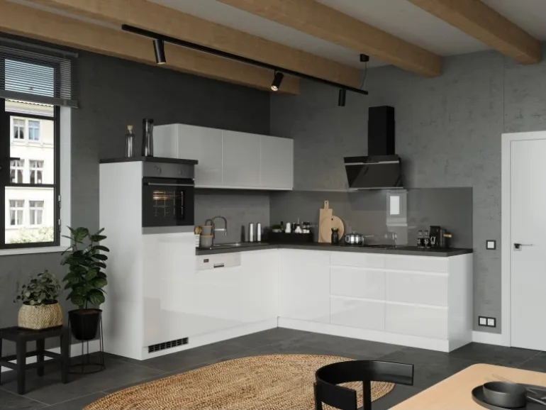 Held Küchen Winkelküche Gera 240 cm Weiß/Beton ohne E-Geräte /autark