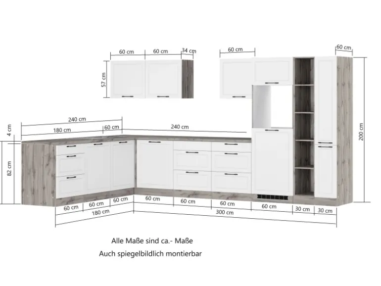 Held Küchen Winkelküche Kempten 360 cm Weiß/Wotan mit E-Geräten autark Indukt.