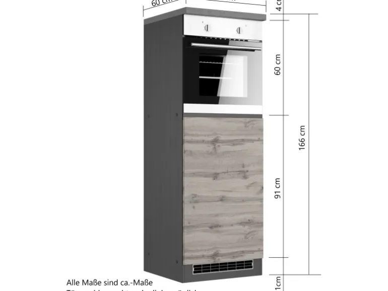 Held Möbel Küchen-Kühlschrank/Ofenumbauschrank Turin 60 cm Wotaneiche/Graphit