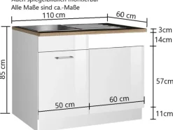 Held Möbel Küchen-Spülenunterschrank Mailand 110 cm Hochglanz Weiß/Weiß