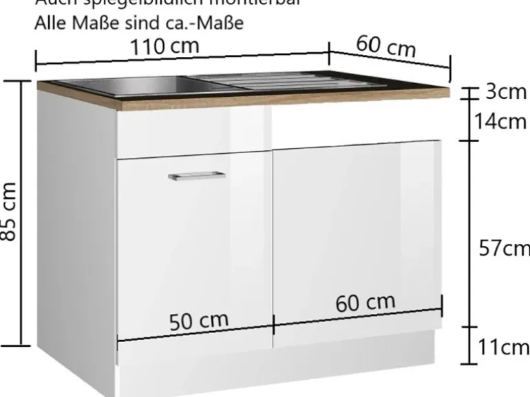 Held Möbel Küchen-Spülenunterschrank Mailand 110 cm Hochglanz Weiß/Weiß