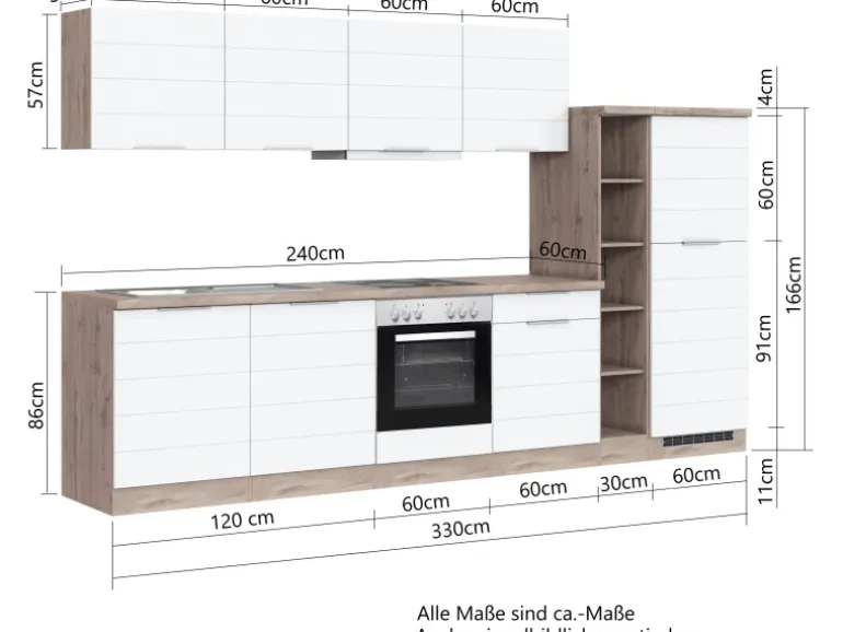 Held Möbel Küchenzeile 330 cm Matt Grau-Wotaneiche