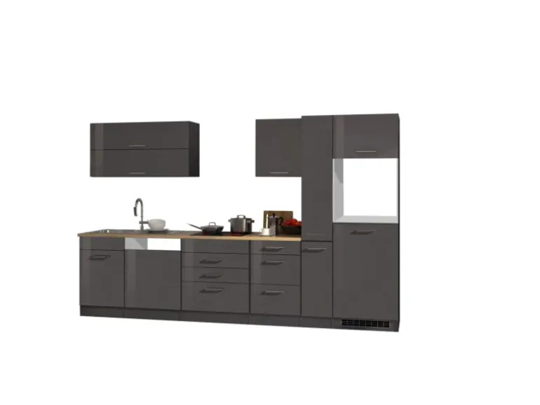 Held Möbel Küchenzeile Mailand 330 cm Grau Hochglanz-Grau Matt ohne E-Geräte