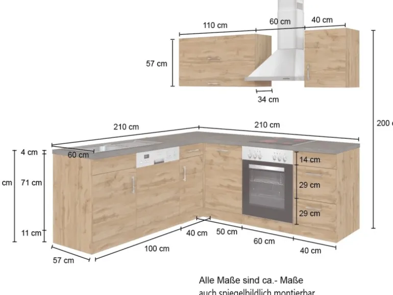 Held Möbel Küchenzeile Sorrento 210 cm Wotaneiche-Wotaneiche Winkel