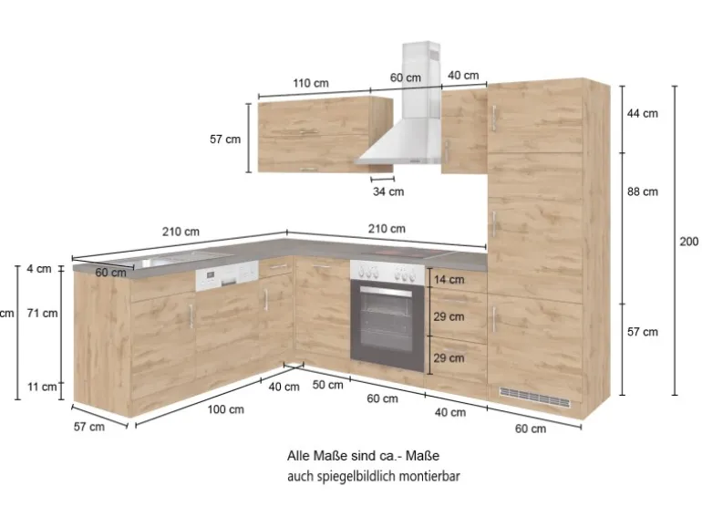 Held Möbel Küchenzeile Sorrento 210/ 270 cm Wotaneiche Winkel
