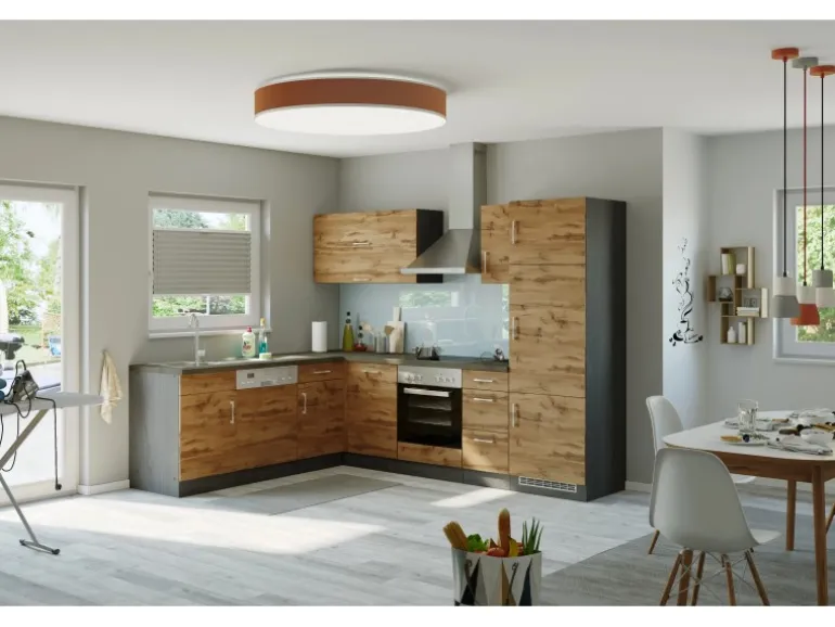 Held Möbel Küchenzeile Sorrento 210/ 270 cm Wotaneiche-Grafit o. E-Geräte Winkel