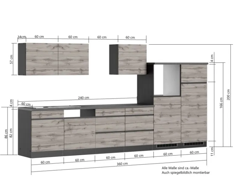 Held Möbel Küchenzeile Turin 360 cm Wotaneiche-Graphit ohne E-Geräte