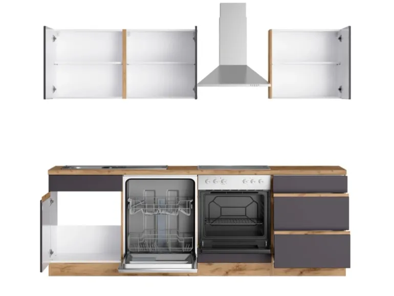 Held Möbel Küchenzeile Turin 240 cm Graphit-Wotaneiche mit E-Geräten