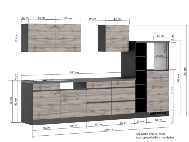 Held Möbel Küchenzeile Turin 330 cm Graphit-Wotaneiche ohne E-Geräte