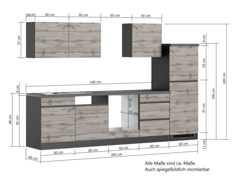 Held Möbel Küchenzeile Turin 300 cm Graphit-Wotaneiche ohne E-Geräte