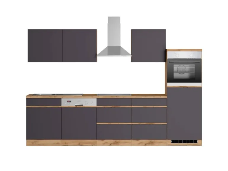 Held Möbel Küchenzeile Turin 300 cm Graphit-Wotaneiche mit E-Geräten