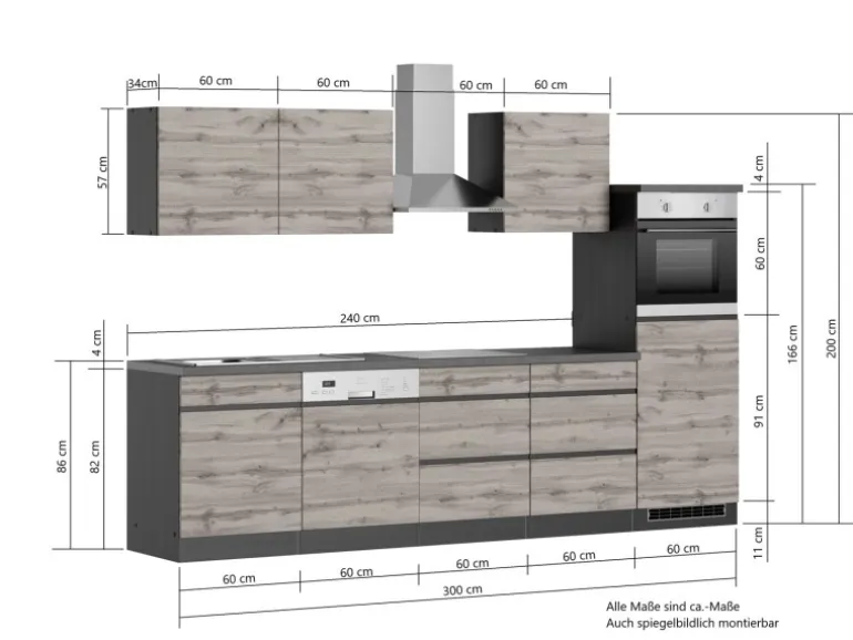 Held Möbel Küchenzeile Turin 300 cm Graphit-Wotaneiche mit E-Geräten