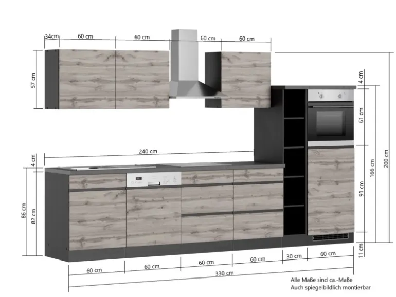 Held Möbel Küchenzeile Turin 330 cm Wotaneiche-Graphit mit E-Geräten