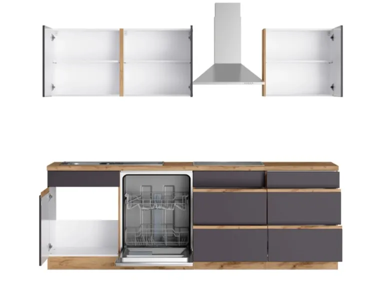 Held Möbel Küchenzeile Turin 390 cm Graphit-Wotaneiche mit E-Geräten