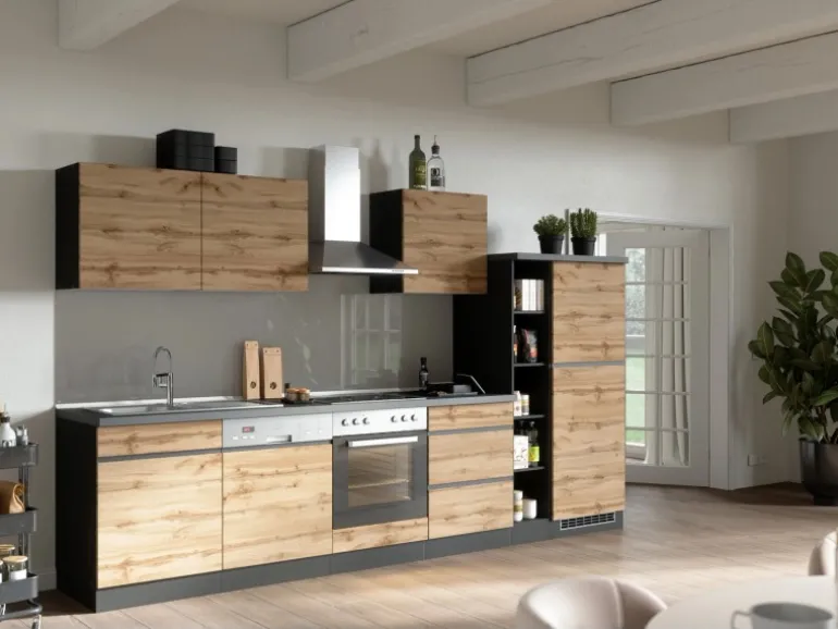Held Möbel Küchenzeile Turin 330 cm Wotaneiche-Graphit mit E-Geräten