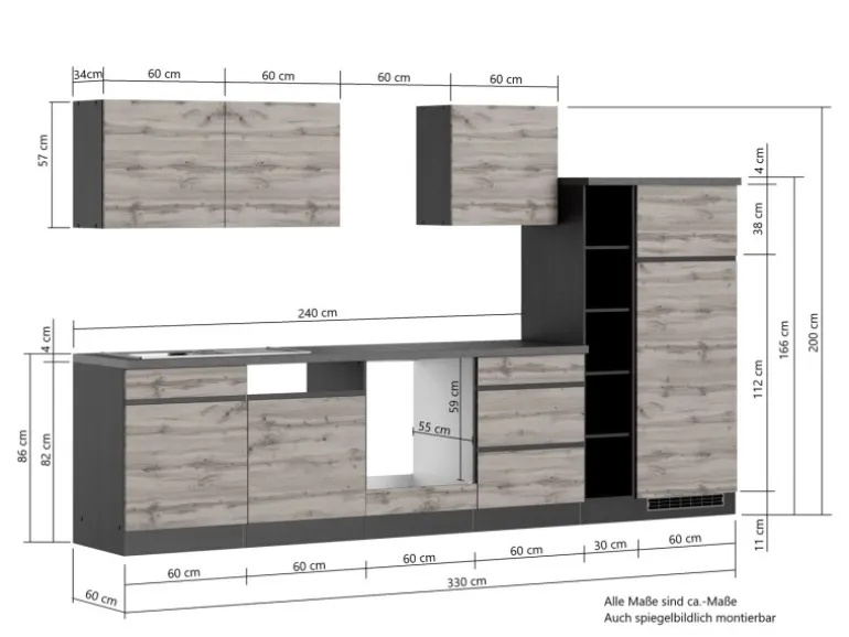 Held Möbel Küchenzeile Turin 330 cm Wotaneiche-Graphit ohne E-Geräte
