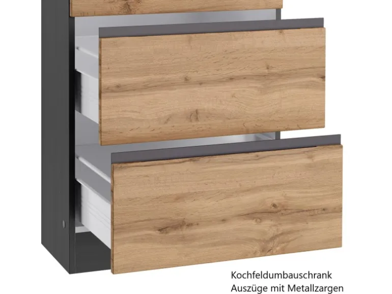 Held Möbel Küchenzeile Turin 390 cm Wotaneiche-Graphit mit E-Geräten