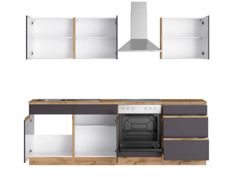 Held Möbel Küchenzeile Turin 240 cm Graphit-Wotaneiche mit E-Geräten