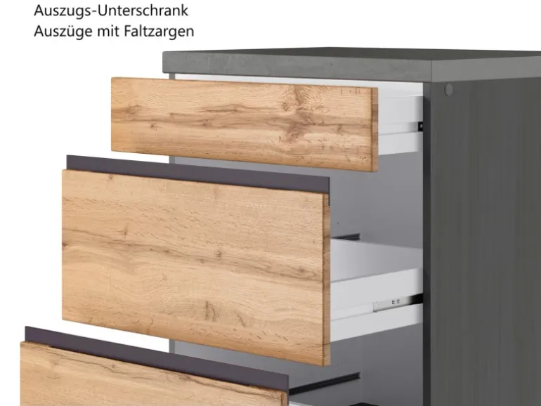 Held Möbel Küchenzeile Turin 390 cm Wotaneiche-Graphit mit E-Geräten