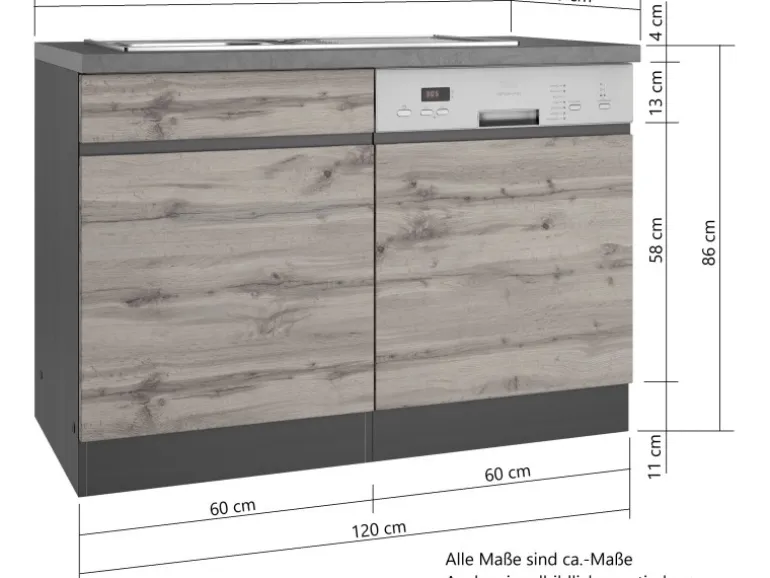 Held Möbel Spülenunterschrank Turin 120cm mit GSP-Blende Graphit/WotanEiche