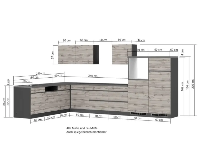 Held Möbel Winkelküche Turin 360 x 240 cm Wotaneiche-Graphit ohne E-Geräte