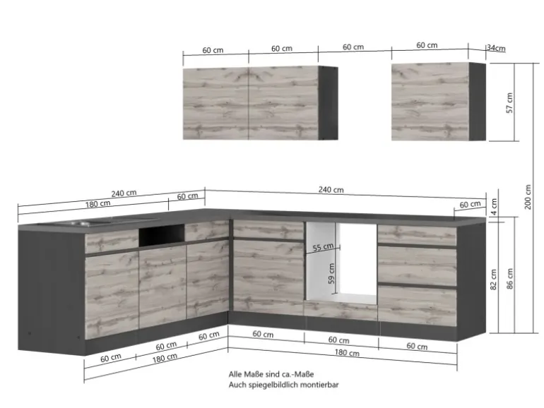Held Möbel Winkelküche Turin 240 x 240 cm Wotaneiche-Graphit ohne E-Geräte