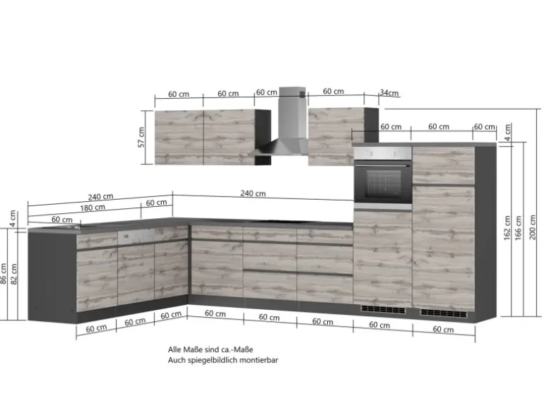 Held Möbel Winkelküche Turin 360 x 240 cm Wotaneiche-Graphit mit E-Geräten