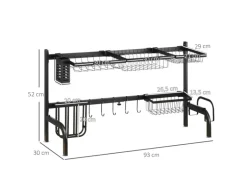 HOMCOM Abtropfgestell Geschirr  2-Stufig 51-93 cm mit Haken Stahl Schwarz