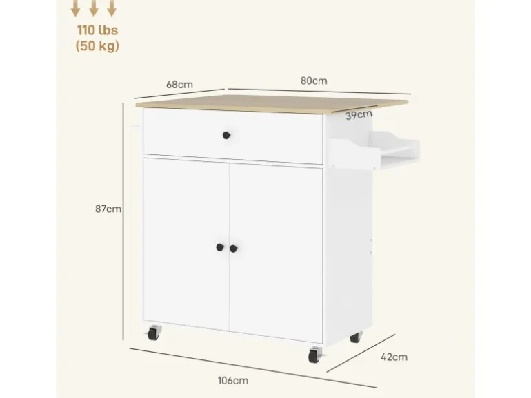 HOMCOM Kücheninsel mit Arbeitsplatte Spanplatte MDF Weiß 106L x 42B x 87H cm