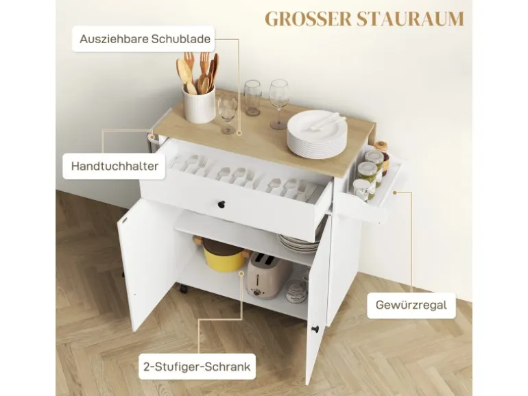 HOMCOM Kücheninsel mit Arbeitsplatte Spanplatte MDF Weiß 106L x 42B x 87H cm