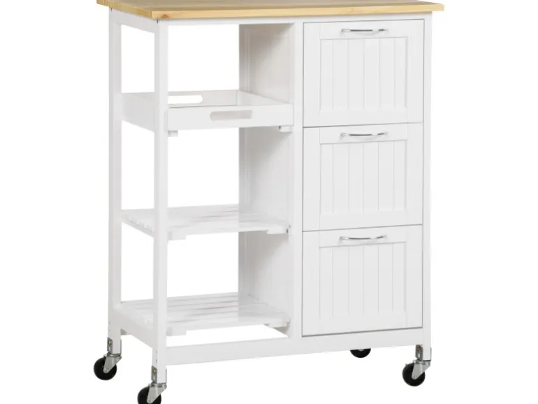 HOMCOM Küchenwagen mit 3 Schubladen & 3 Ebenen Arbeitsplatte Weiß 67 x 37 x 85 cm