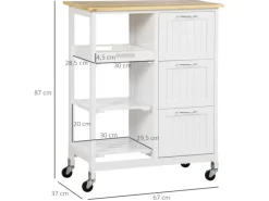 HOMCOM Küchenwagen mit 3 Schubladen & 3 Ebenen Arbeitsplatte Weiß 67 x 37 x 85 cm