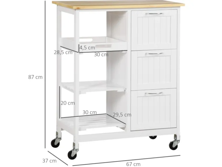HOMCOM Küchenwagen mit 3 Schubladen & 3 Ebenen Arbeitsplatte Weiß 67 x 37 x 85 cm