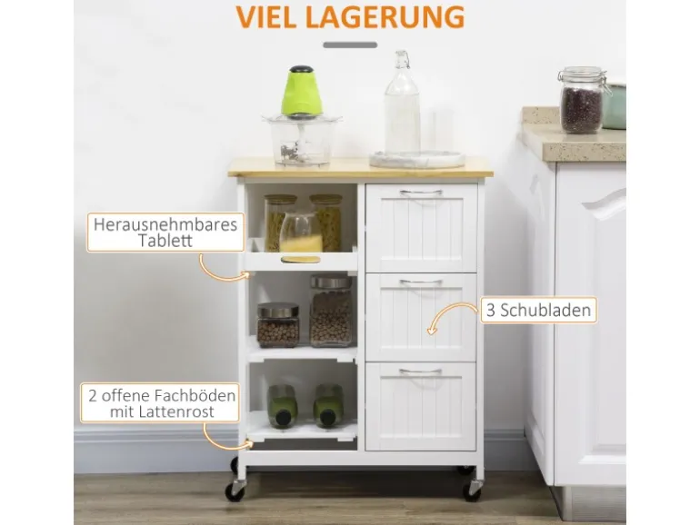 HOMCOM Küchenwagen mit 3 Schubladen & 3 Ebenen Arbeitsplatte Weiß 67 x 37 x 85 cm