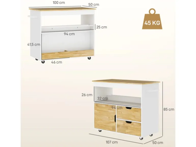 HOMCOM Küchenwagen Spanplatte Gummiholz Eiche 107L x 50B x 85H cm