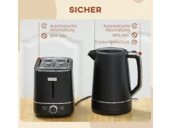 HOMCOM Wasserkocher Toaster Set Kunststoff Schwarz 21,2L x 16B x 24,3H cm