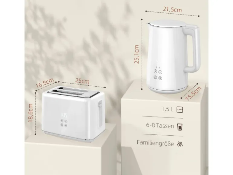 HOMCOM Wasserkocher-Toaster-Set Kunststoff Edelstahl 21,5L x 15,5B x 25,1H cm Weiß