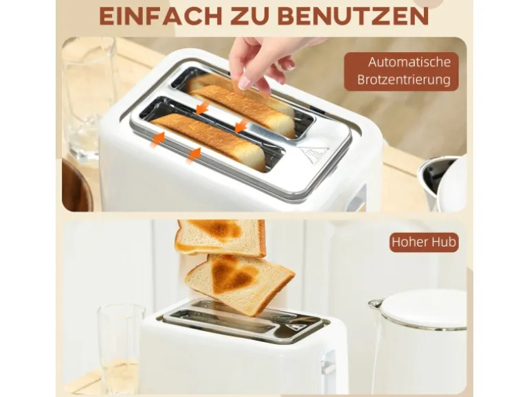HOMCOM Wasserkocher-Toaster-Set Kunststoff Edelstahl 21,5L x 15,5B x 25,1H cm Weiß