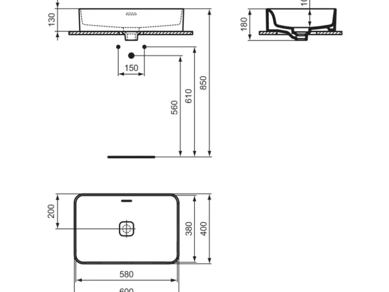 Ideal Standard Aufsatzwaschtisch Strada II 60x40 cm o. Hahnloch m. Überlauf Weiß