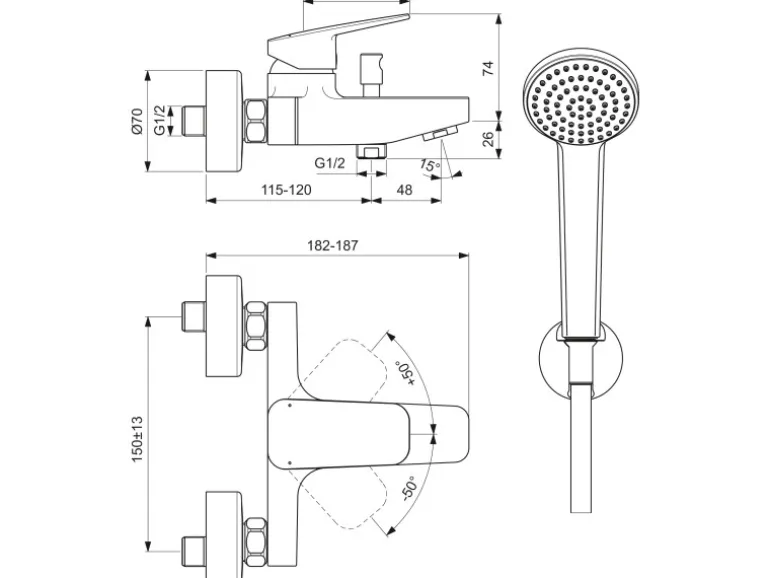 Ideal Standard Badearmatur Ceraplan Chrom Aufputz mit Handbrause-Set