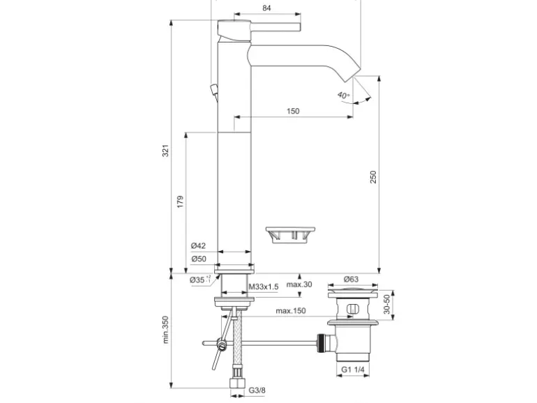 Ideal Standard Waschtischarmatur Ceraline Längerer Sockel + Ablaufgarnitur Chrom