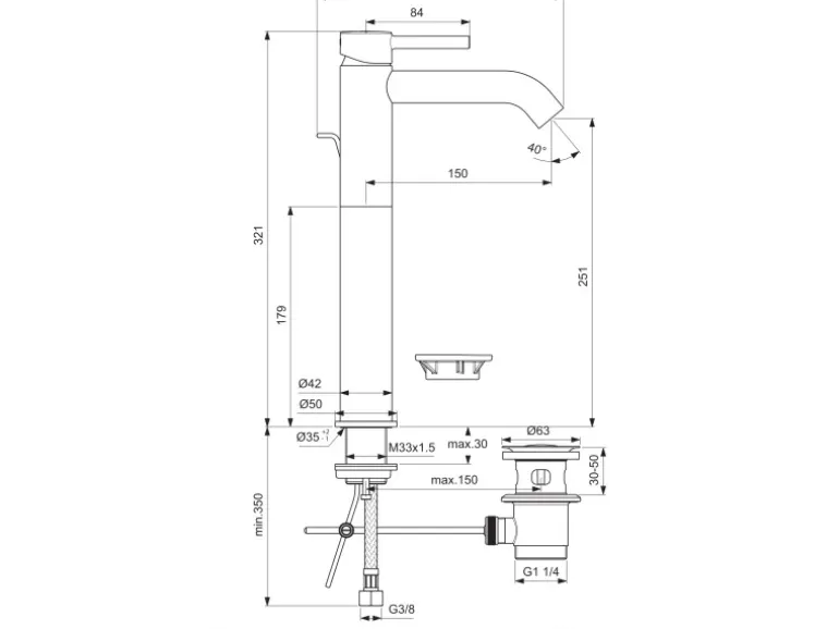 Ideal Standard Waschtischarmatur Ceraline Längerer Sockel + Ablaufgarnitur Black