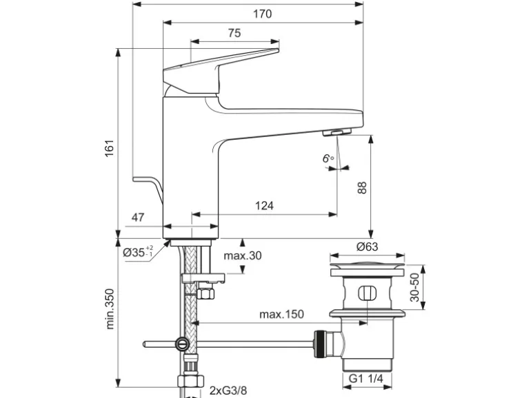Ideal Standard Waschtischarmatur Ceraplan H90 mit Ablaufgarnitur Schwarz Matt
