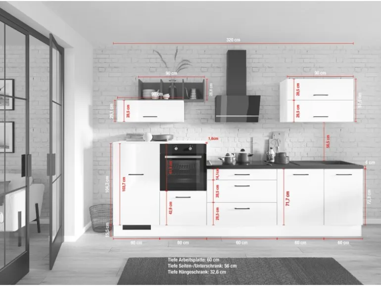 Impuls Küchen Küchenzeile IBZ4320BL 320 cm Weiß Hochglanz ohne E-Geräte