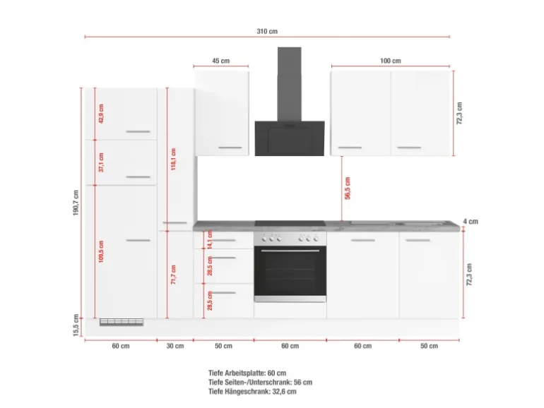 Impuls Küchen Küchenzeile IKZ1310V8 310 cm Beton-Optik natur mit E-Geräten