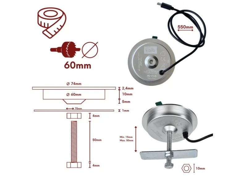 kalb 15W Einbau Drahtlos Ladegerät USB-C Druchmesser 60mm Schnell Ladestation für Smartphones Möbel Induktion Schnellladegerät Wireless Charger Platio