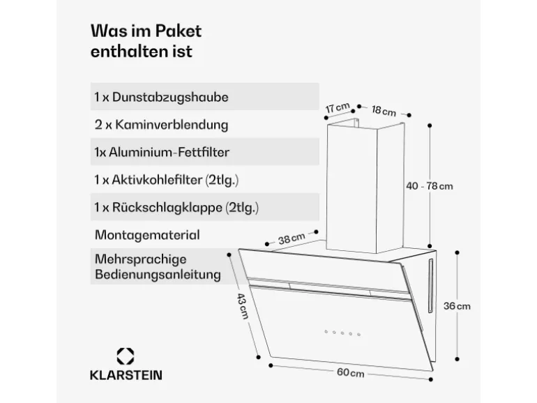 Klarstein Alina Dunstabzugshaube EEK A Touch LED-Beleuchtung Abluft/Umluft 600 m³/h Schwarz/Metallic