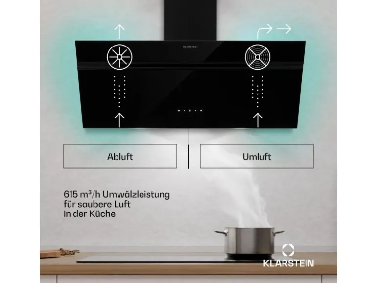 Klarstein Alina Dunstabzugshaube EEK A Touch LED-Beleuchtung Abluft/Umluft 615 m³/h Schwarz