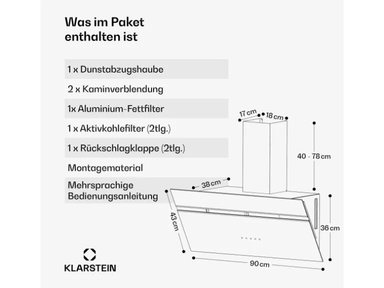 Klarstein Alina Dunstabzugshaube EEK A Touch LED-Beleuchtung Abluft/Umluft 615 m³/h Schwarz