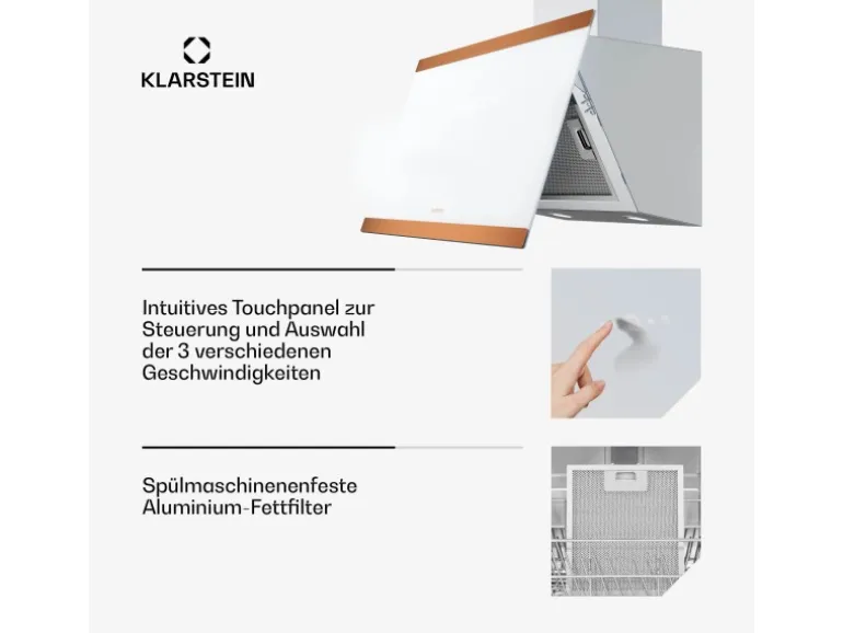 Klarstein FlashLine 60 Dunstabzugshaube A++ 524 m³/h 3 Stufen Touch Abluft/Umluft 100 W Weiß